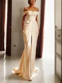 Sheath/Column Off-the-Shoulder Short Sleeves Alluring Sweep Train Silk like Satin Wedding Dress With Slit