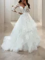 A-line Princess V-Neck Long Sleeves Sweep Train Flattering Tulle Wedding Dress