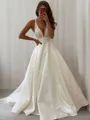 A-line Elegant V-Neck Sleeveless Chapel Train Satin Wedding Dress
