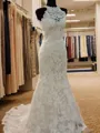 Sheath/Column Scoop Fashion Sleeveless Sweep Train Lace Wedding Dress With Applique