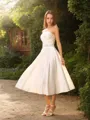 A-line Sweetheart Sleeveless Classic Tea-Length Satin Wedding Dress With Beading