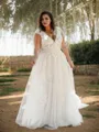 Timeless A-line Princess V-Neck Short Sleeves Sweep Train Tulle Wedding Dress With Applique