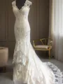 Trumpet/Mermaid V-Neck Sensual Sleeveless Sweep Train Tulle Wedding Dress With Lace