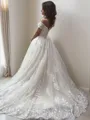 A-line Princess Off-the-Shoulder Sleeveless Modest Sweep Train Tulle Wedding Dress With Applique
