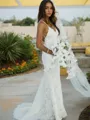 Trumpet/Mermaid Spaghetti Straps Sleeveless Sweep Train Flair Lace Wedding Dress