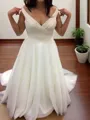 A-line Stylish V-Neck Sleeveless Sweep Train Chiffon Wedding Dress With Ruffles