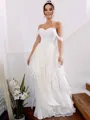 A-line Off-the-Shoulder Simple Sleeveless Floor-Length Chiffon Wedding Dress With Ruched