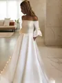 A-line Flowing Off-the-Shoulder 3/4 Sleeves Court Train Charmeuse Wedding Dress With Ruffles