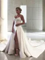 A-line Sweetheart Feminine Sleeveless Court Train Stretch Crepe Wedding Dress With Ruffles