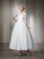 Ball-Gown Princess Bateau 1/2 Sleeves Ankle-Length Glamorous Tulle Wedding Dress With Lace