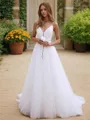 A-line V-Neck Sleeveless Sweep Train Lace Delicate Wedding Dress