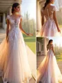 A-line Princess Chic Bateau Short Sleeves Sweep Train Tulle Wedding Dress With Applique