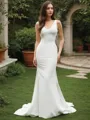 Sheath/Column V-Neck Sleeveless Empowering Sweep Train Stretch Crepe Wedding Dress With Ruffles