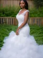 Ariel Trumpet/Mermaid V-Neck Sleeveless Cathedral Train Tulle Wedding Dress With Beading