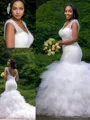 Ariel Trumpet/Mermaid V-Neck Sleeveless Cathedral Train Tulle Wedding Dress With Beading