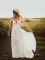 A-line Perfect V-Neck Short Sleeves Floor-Length Chiffon Wedding Dress With Ruffles