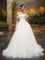 A-line Princess Off-the-Shoulder Trendy Sleeveless Court Train Tulle Wedding Dress With Ruched