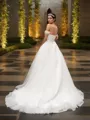 A-line Princess Off-the-Shoulder Trendy Sleeveless Court Train Tulle Wedding Dress With Ruched