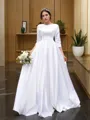 A-line Bateau 3/4 Sleeves Fashion Sweep Train Satin Wedding Dress With Bowknot