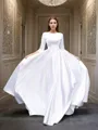 A-line Bateau 3/4 Sleeves Fashion Sweep Train Satin Wedding Dress With Bowknot