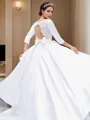 A-line Bateau 3/4 Sleeves Fashion Sweep Train Satin Wedding Dress With Bowknot