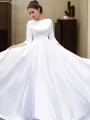 A-line Bateau 3/4 Sleeves Fashion Sweep Train Satin Wedding Dress With Bowknot