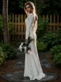 Sheath/Column Jewel Long Sleeves Sweep Train Slinky Stretch Crepe Wedding Dress With Ruffles