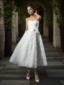 A-line Unique Sweetheart Sleeveless Tea-Length Lace Wedding Dress With Bowknot