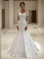 A-line V-Neck Long Sleeves Dazzling Court Train Lace Wedding Dress With Applique