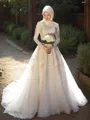 Ball-Gown Princess Jewel Cinderella Long Sleeves Sweep Train Tulle Wedding Dress With Applique