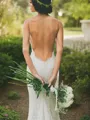 Trumpet/Mermaid Alluring Spaghetti Straps Sleeveless Sweep Train Open Back Lace Wedding Dress With Ruffles