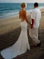 Trumpet/Mermaid Alluring Spaghetti Straps Sleeveless Sweep Train Open Back Lace Wedding Dress With Ruffles