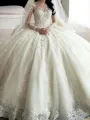 Ball-Gown Princess Scoop Long Sleeves Cathedral Train Pretty Tulle Wedding Dress With Applique