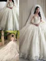 Ball-Gown Princess Scoop Long Sleeves Cathedral Train Pretty Tulle Wedding Dress With Applique