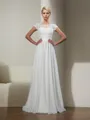 Classic A-line Sheer Neck Short Sleeves Sweep Train Chiffon Wedding Dress With Applique