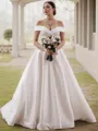 A-line Off-the-Shoulder Modest Sleeveless Sweep Train Satin Wedding Dress
