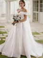 A-line Off-the-Shoulder Modest Sleeveless Sweep Train Satin Wedding Dress