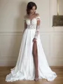 A-line Scoop Long Sleeves Sweep Train Chic Chiffon Wedding Dress With Slit