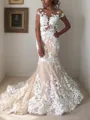 Sophisticated Trumpet/Mermaid Bateau Short Sleeves Sweep Train Tulle Wedding Dress With Applique