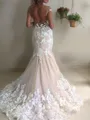 Sophisticated Trumpet/Mermaid Bateau Short Sleeves Sweep Train Tulle Wedding Dress With Applique