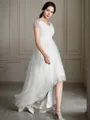A-line Princess V-Neck Short Sleeves Simple Asymmetrical Tulle Wedding Dress