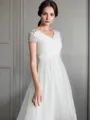 A-line Princess V-Neck Short Sleeves Simple Asymmetrical Tulle Wedding Dress