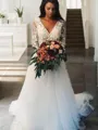A-line Princess Feminine V-Neck Long Sleeves Sweep Train Tulle Wedding Dress With Applique