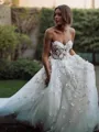 A-line Princess Sweetheart Beautiful Sleeveless Court Train Tulle Wedding Dress With Applique