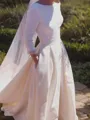 A-line Scoop 3/4 Sleeves Subtle Sweep Train Open Back Stretch Crepe Wedding Dress With Ruffles