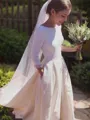 A-line Scoop 3/4 Sleeves Subtle Sweep Train Open Back Stretch Crepe Wedding Dress With Ruffles