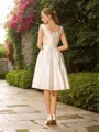 A-line V-Neck Sleeveless Knee-Length Delicate Satin Wedding Dress With Beading
