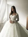Flowy Ball-Gown Princess Scoop Long Sleeves Court Train Tulle Wedding Dress With Applique
