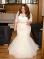 Trumpet/Mermaid Off-the-Shoulder Long Sleeves Sweep Train Figure-hugging Tulle Wedding Dress With Applique