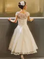 A-line Princess Scoop Short Sleeves Tea-Length Charming Tulle Wedding Dress
